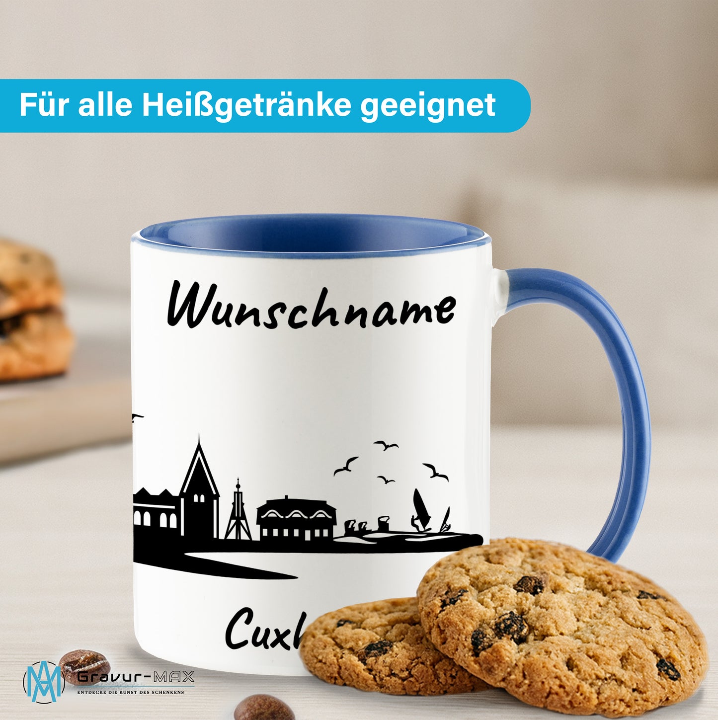 Tasse in Cambridge Blau 330ml bedruckt mit der Skyline von Cuxhaven personalisierbar mit Wunschname