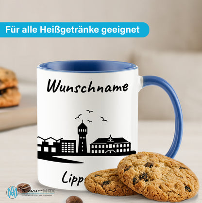 Tasse in Cambridge Blau 330ml bedruckt mit der Skyline von Lippstadt personalisierbar mit Wunschname