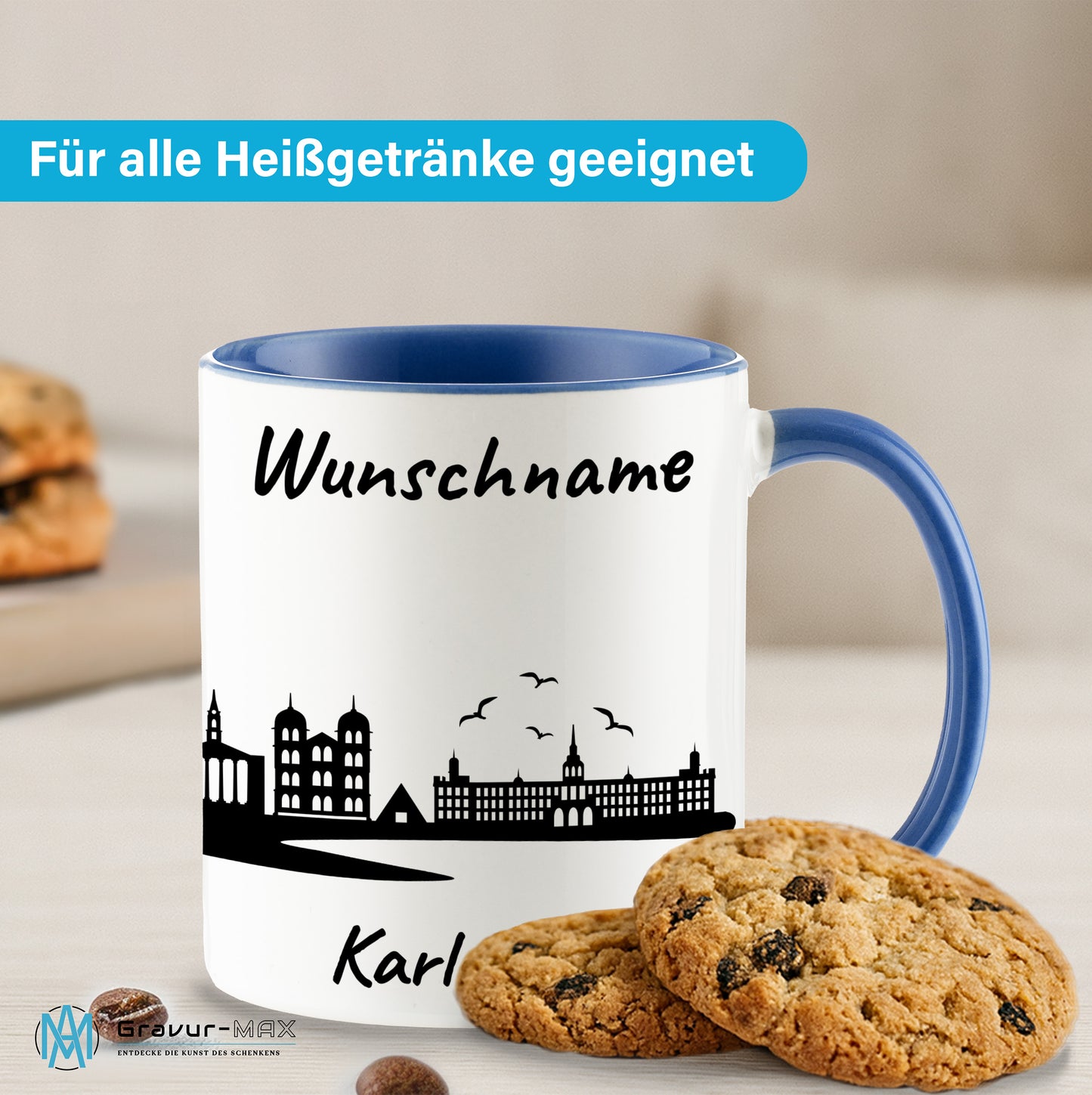 Tasse in Cambridge Blau 330ml bedruckt mit der Skyline von Karlsruhe personalisierbar mit Wunschname