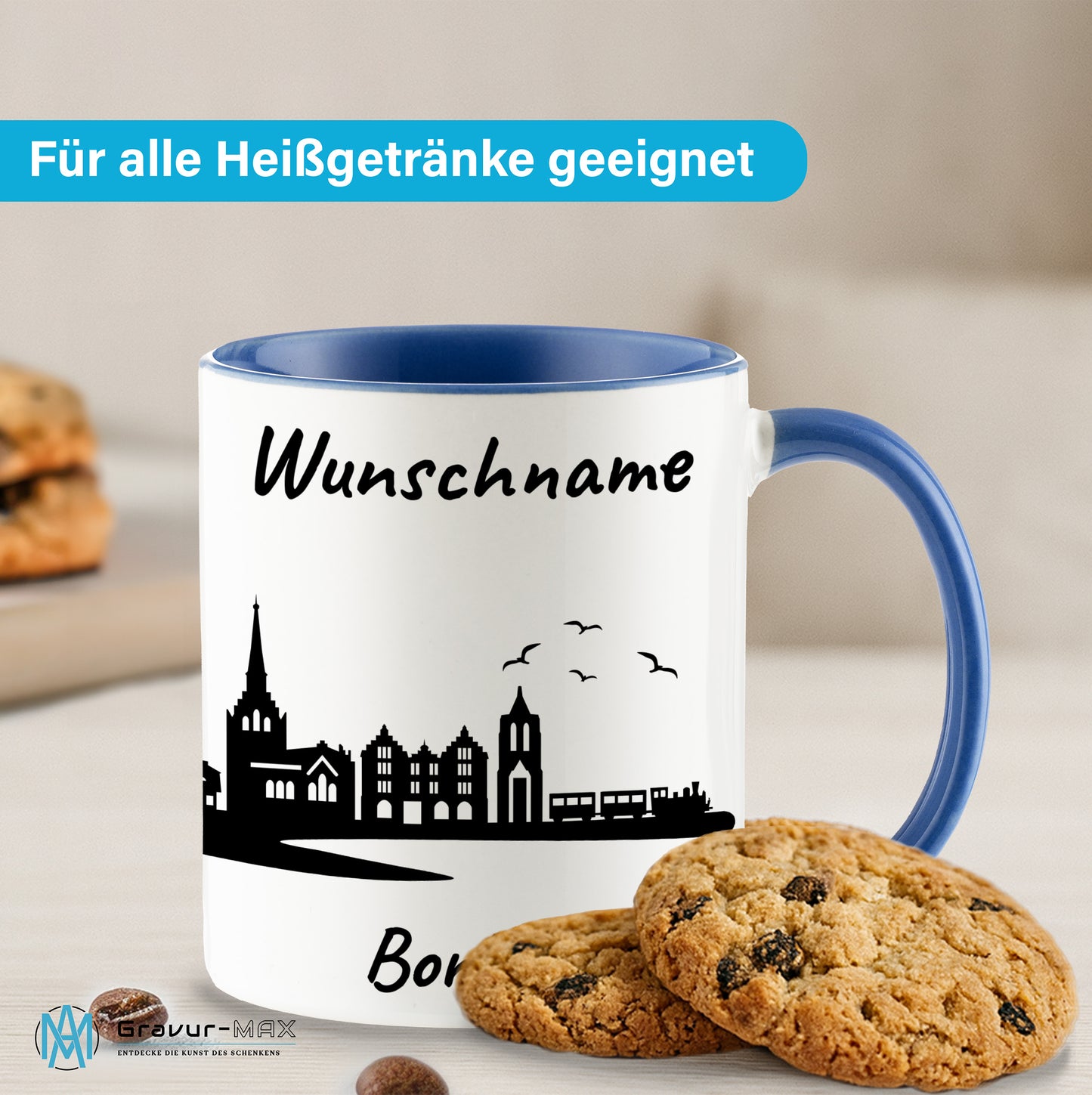 Tasse in Cambridge Blau 330ml bedruckt mit der Skyline von Borkum personalisierbar mit Wunschname