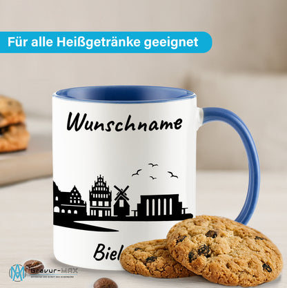 Tasse in Cambridge Blau 330ml bedruckt mit der Skyline von Bielefeld personalisierbar mit Wunschname