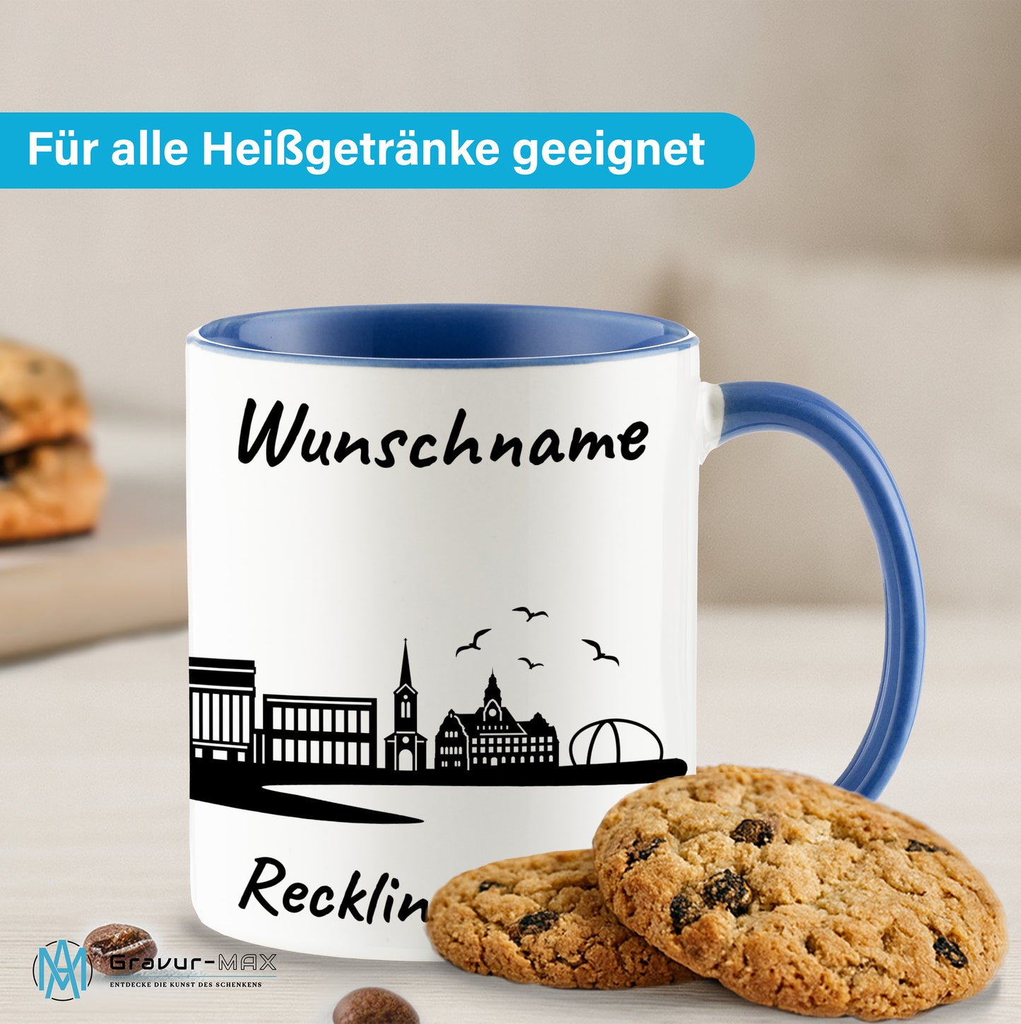 Tasse in Cambridge Blau 330ml bedruckt mit der Skyline von Recklinghausen personalisierbar mit Wunschname