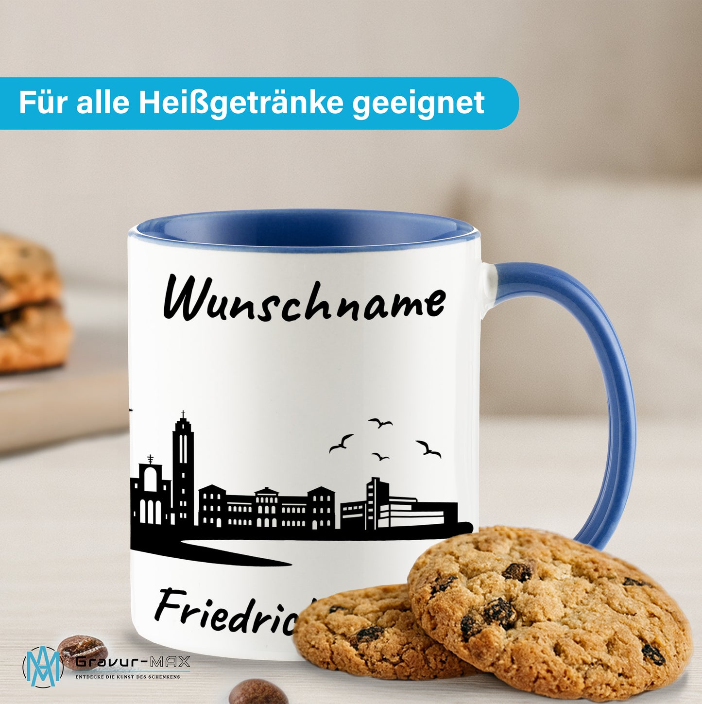 Tasse in Cambridge Blau 330ml bedruckt mit der Skyline von Friedrichshafen personalisierbar mit Wunschname