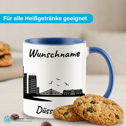 Tasse in Cambridge Blau 330ml bedruckt mit der Skyline von Düsseldorf personalisierbar mit Wunschname