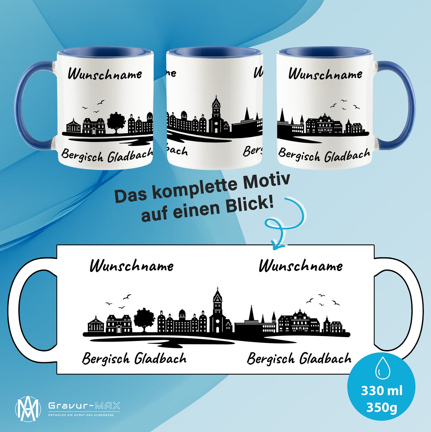 Tasse in Cambridge Blau 330ml bedruckt mit der Skyline von Bergisch Gladbach personalisierbar mit Wunschname