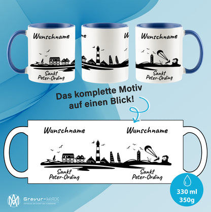 Tasse in Cambridge Blau 330ml bedruckt mit der Skyline von Sankt Peter-Ording personalisierbar mit Wunschname