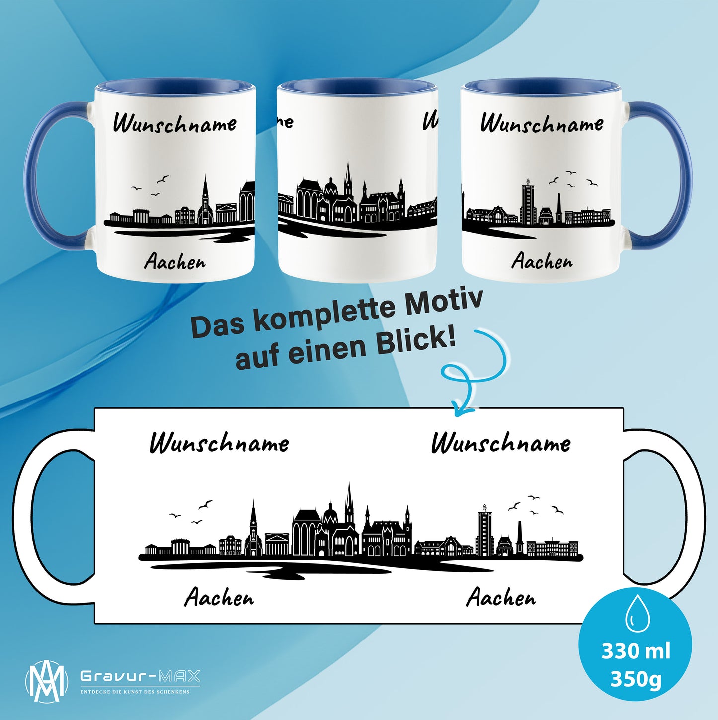 Tasse in Cambridge Blau 330ml bedruckt mit der Skyline von Aachen personalisierbar mit Wunschname