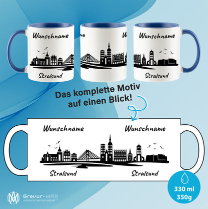 Tasse in Cambridge Blau 330ml bedruckt mit der Skyline von Stralsund personalisierbar mit Wunschname