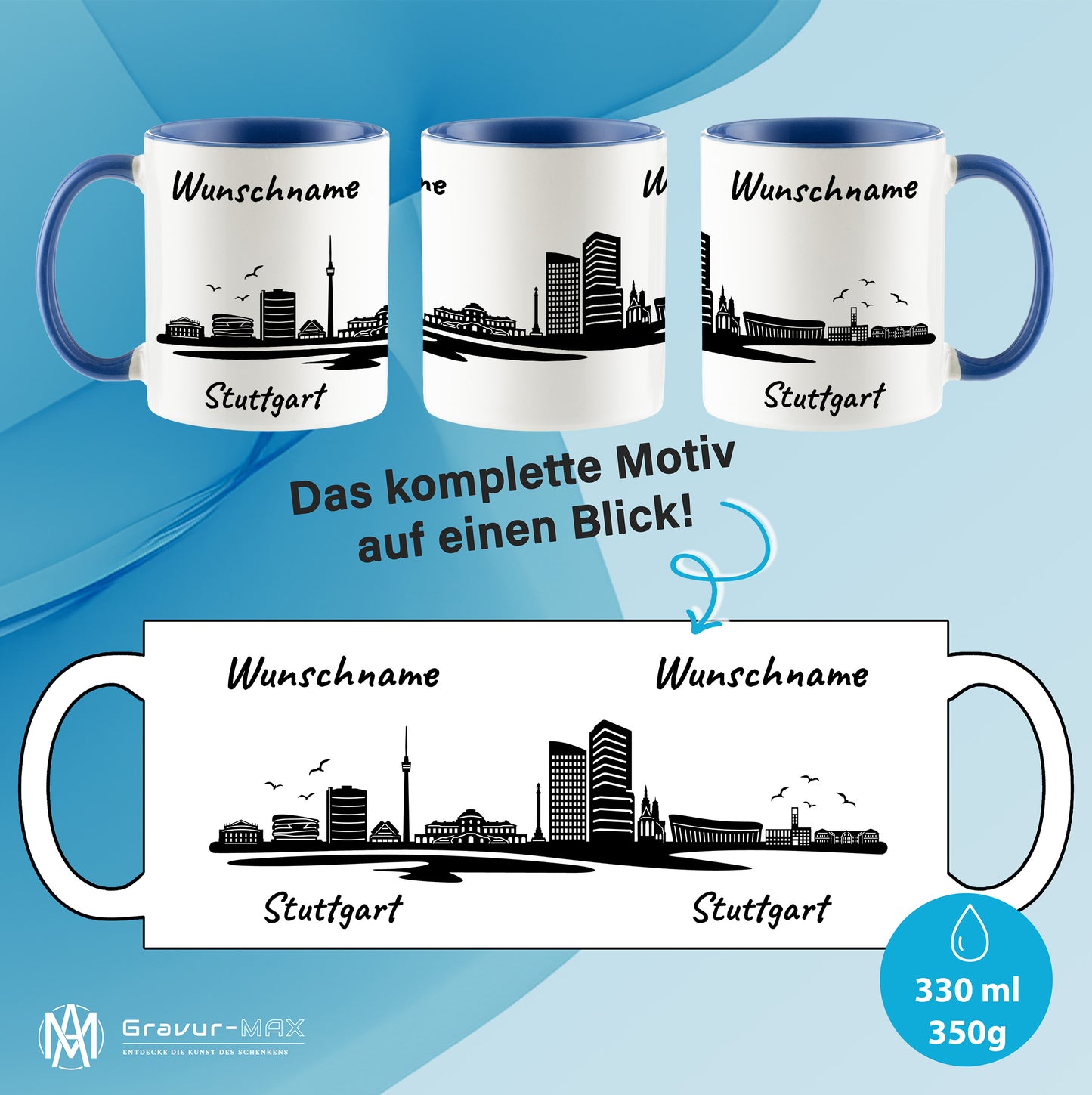 Tasse in Cambridge Blau 330ml bedruckt mit der Skyline von Stuttgart personalisierbar mit Wunschname
