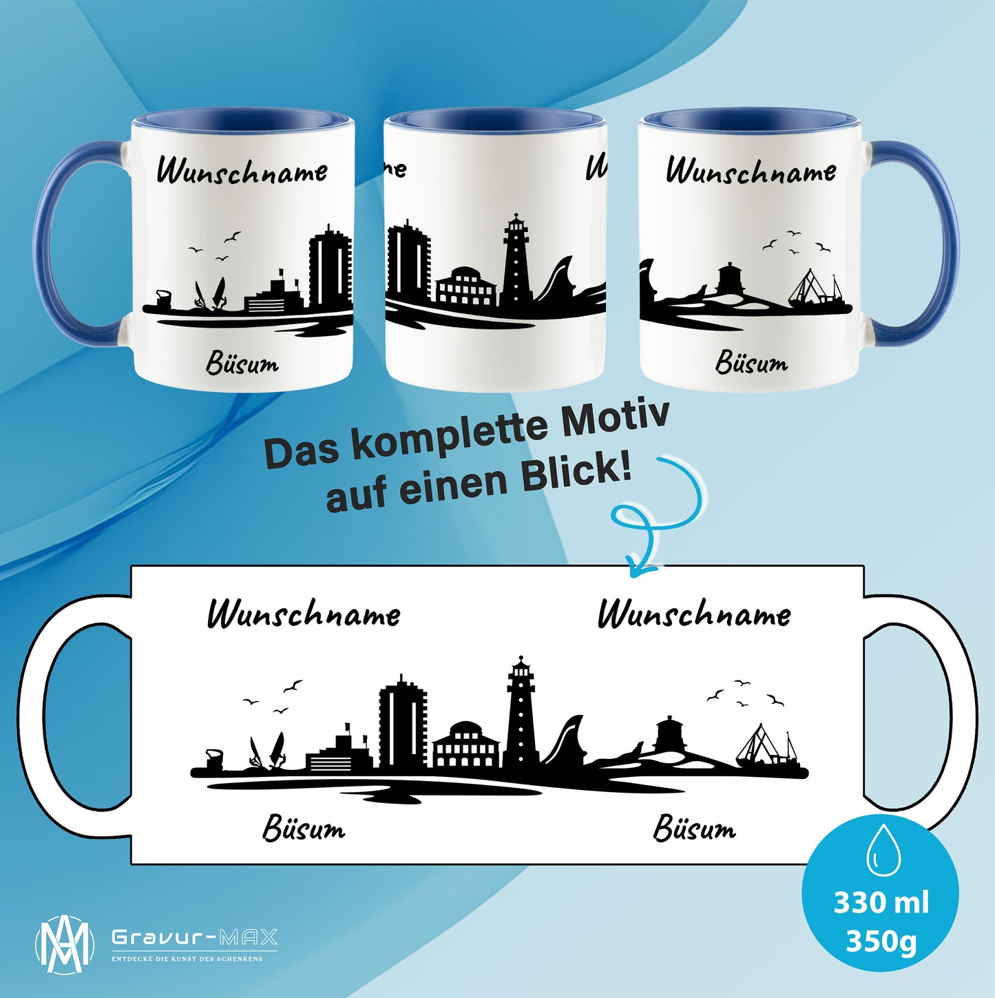Tasse in Cambridge Blau 330ml bedruckt mit der Skyline von Büsum personalisierbar mit Wunschname