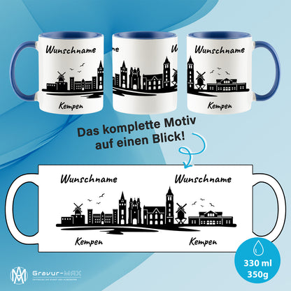 Tasse in Cambridge Blau 330ml bedruckt mit der Skyline von Kempen personalisierbar mit Wunschname