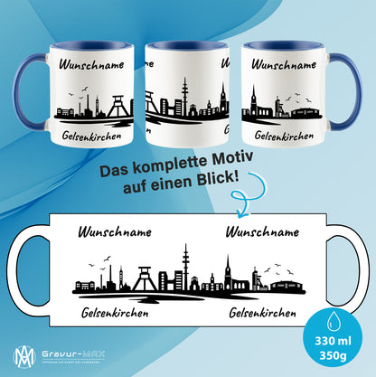 Tasse in Cambridge Blau 330ml bedruckt mit der Skyline von Gelsenkirchen personalisierbar mit Wunschname