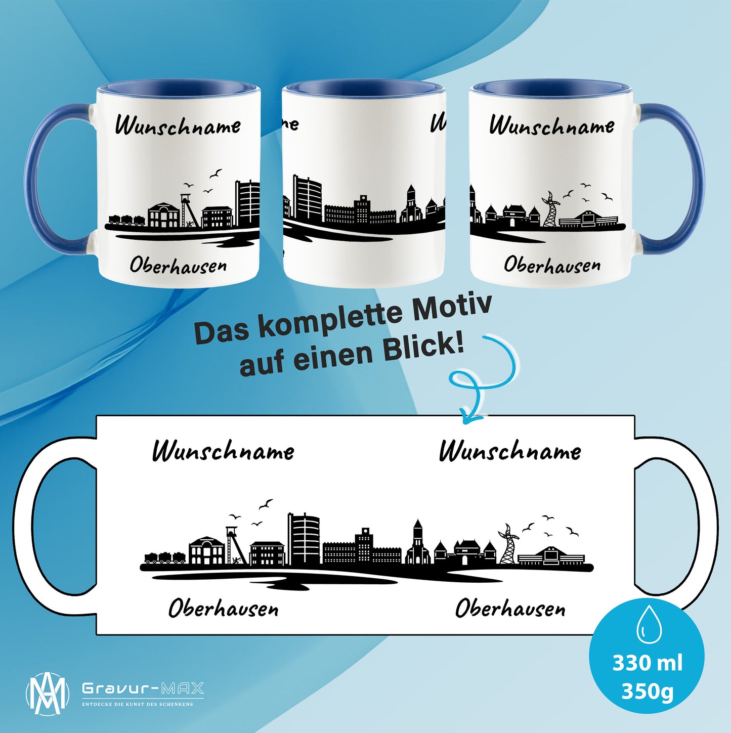 Tasse in Cambridge Blau 330ml bedruckt mit der Skyline von Oberhausen personalisierbar mit Wunschname