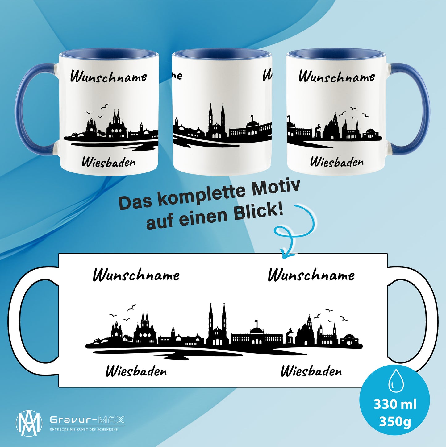 Tasse in Cambridge Blau 330ml bedruckt mit der Skyline von Wiesbaden personalisierbar mit Wunschname