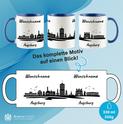 Tasse in Cambridge Blau 330ml bedruckt mit der Skyline von Augsburg personalisierbar mit Wunschname
