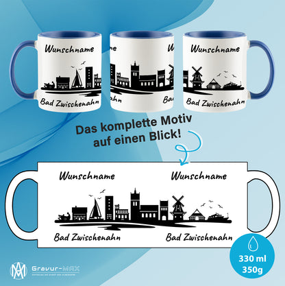 Tasse in Cambridge Blau 330ml bedruckt mit der Skyline von Bad Zwischenahn personalisierbar mit Wunschname