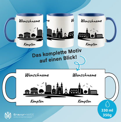 Tasse in Cambridge Blau 330ml bedruckt mit der Skyline von Kempten personalisierbar mit Wunschname