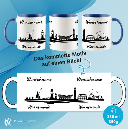 Tasse in Cambridge Blau 330ml bedruckt mit der Skyline von Warnemünde personalisierbar mit Wunschname