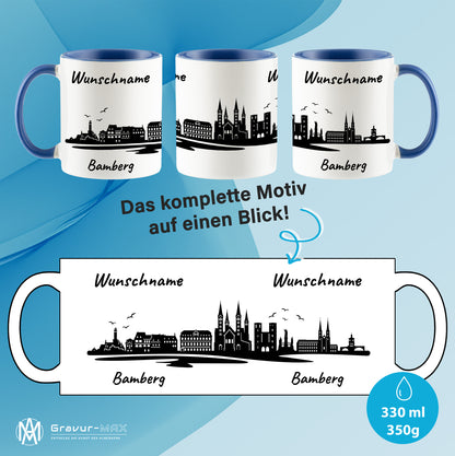 Tasse in Cambridge Blau 330ml bedruckt mit der Skyline von Bamberg personalisierbar mit Wunschname