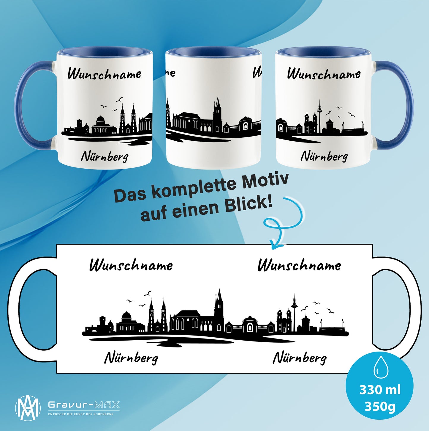 Tasse in Cambridge Blau 330ml bedruckt mit der Skyline von Nürnberg personalisierbar mit Wunschname