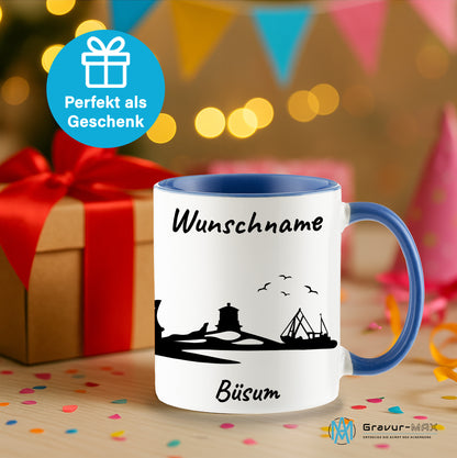 Tasse in Cambridge Blau 330ml bedruckt mit der Skyline von Büsum personalisierbar mit Wunschname
