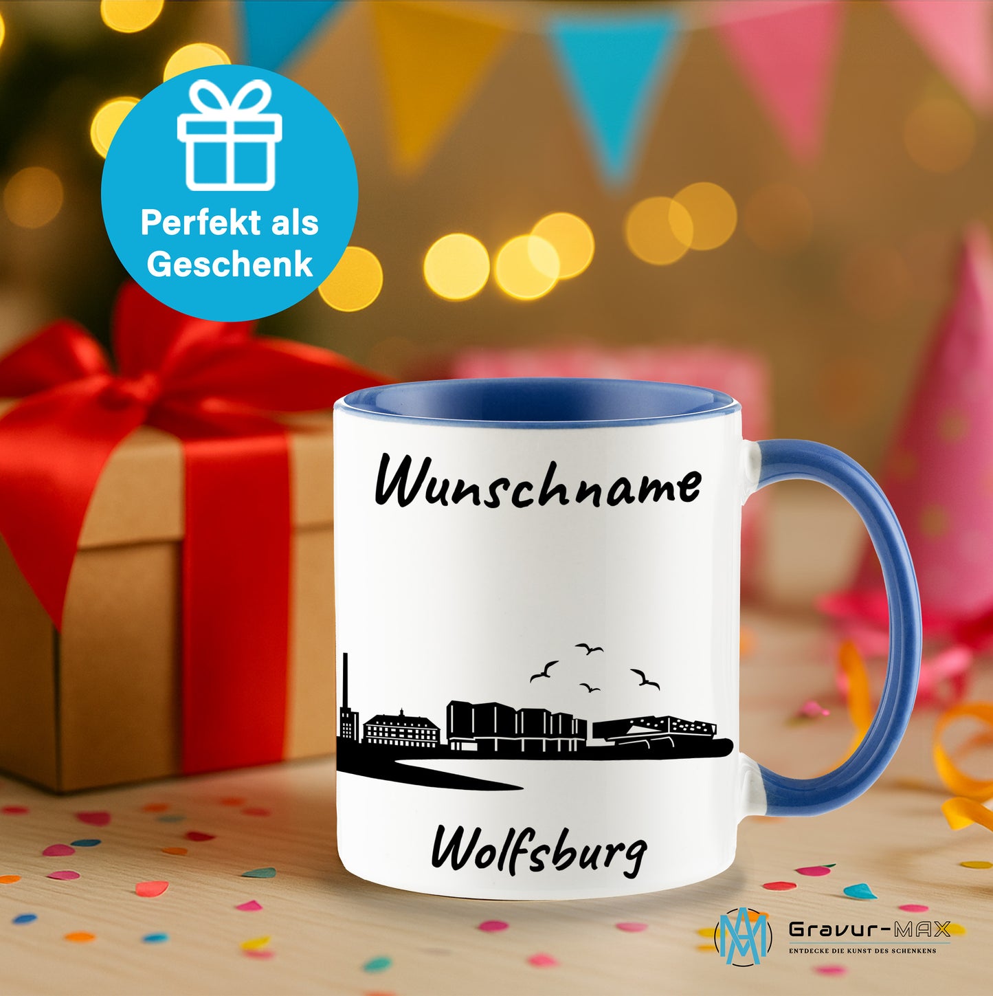 Tasse in Cambridge Blau 330ml bedruckt mit der Skyline von Wolfsburg personalisierbar mit Wunschname