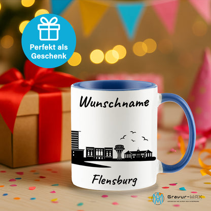 Tasse in Cambridge Blau 330ml bedruckt mit der Skyline von Flensburg personalisierbar mit Wunschname
