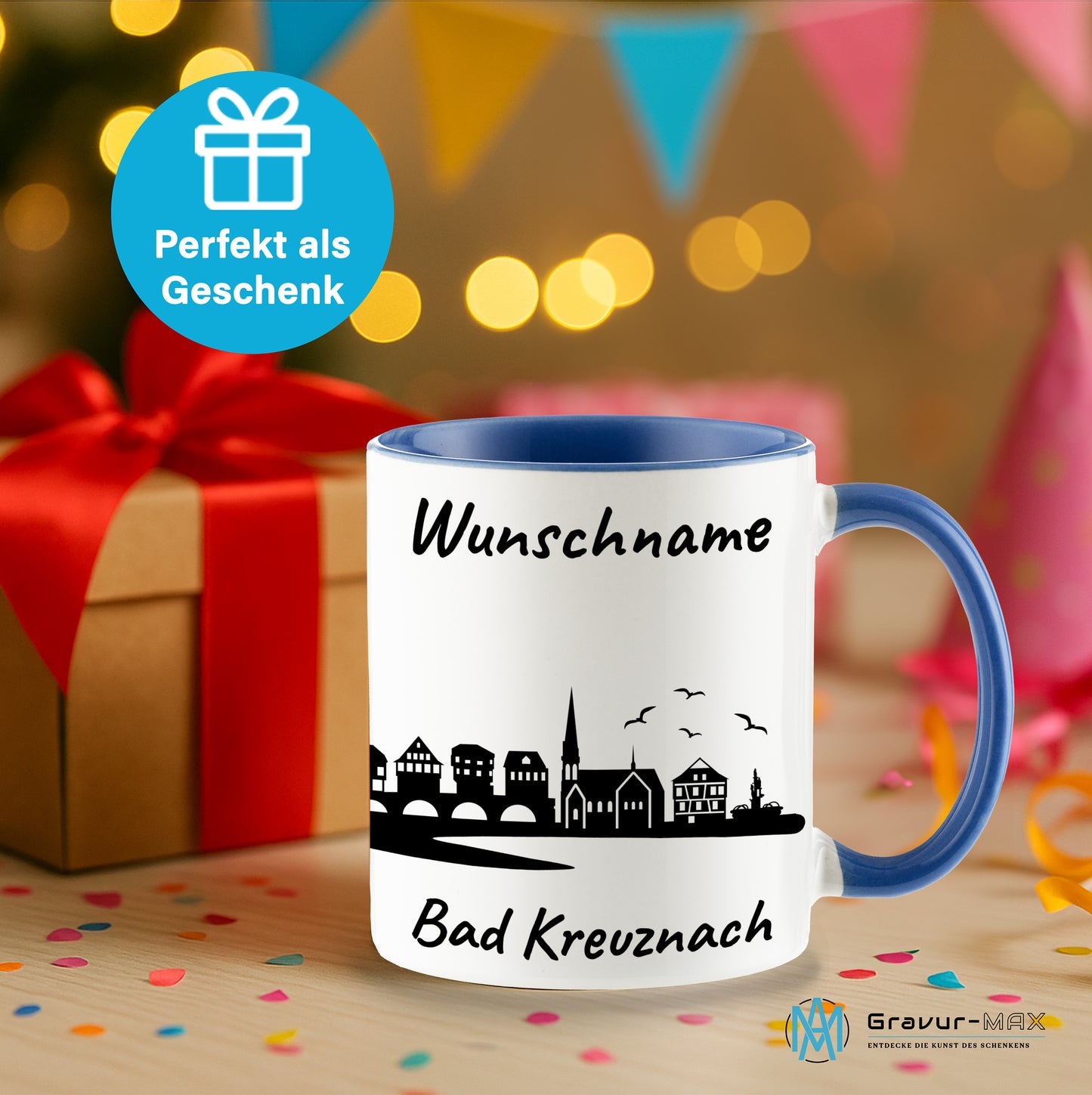 Tasse in Cambridge Blau 330ml bedruckt mit der Skyline von Bad Kreuznach personalisierbar mit Wunschname