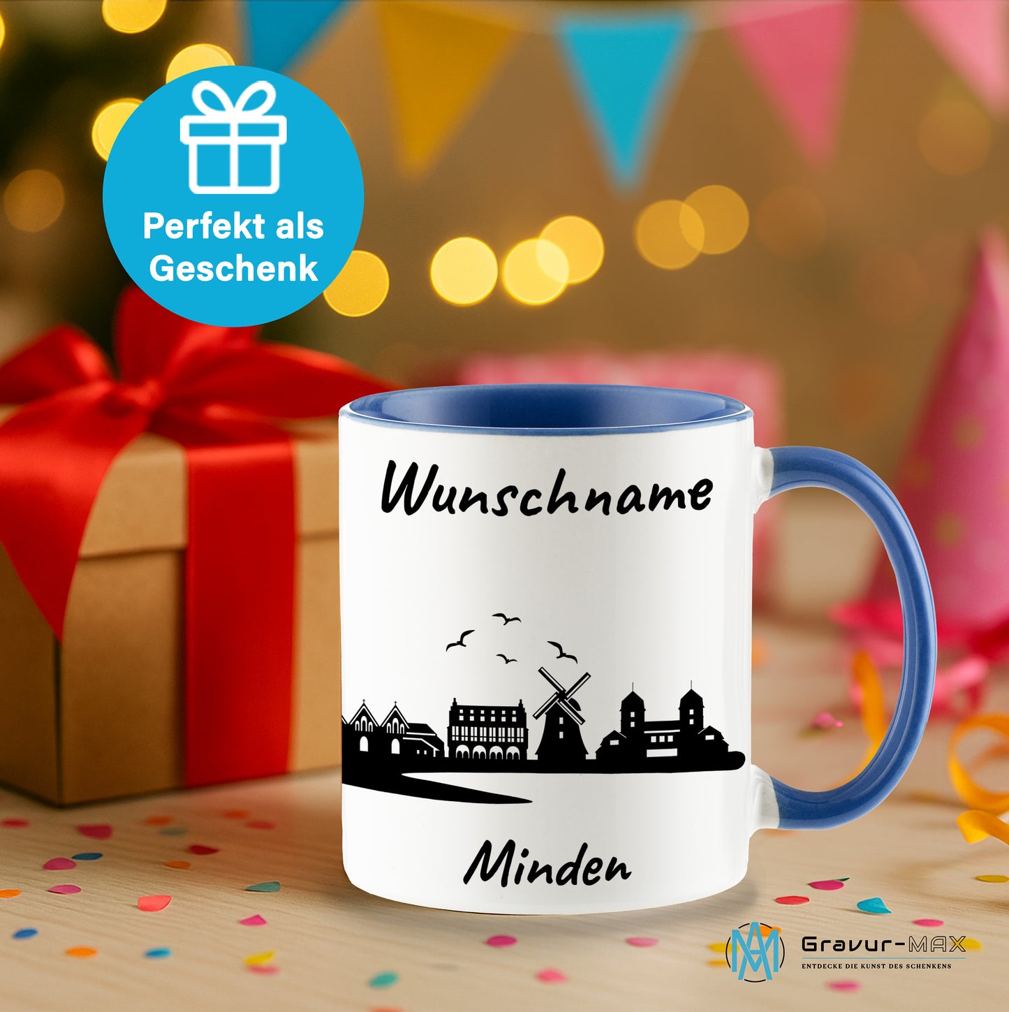 Tasse in Cambridge Blau 330ml bedruckt mit der Skyline von Minden personalisierbar mit Wunschname