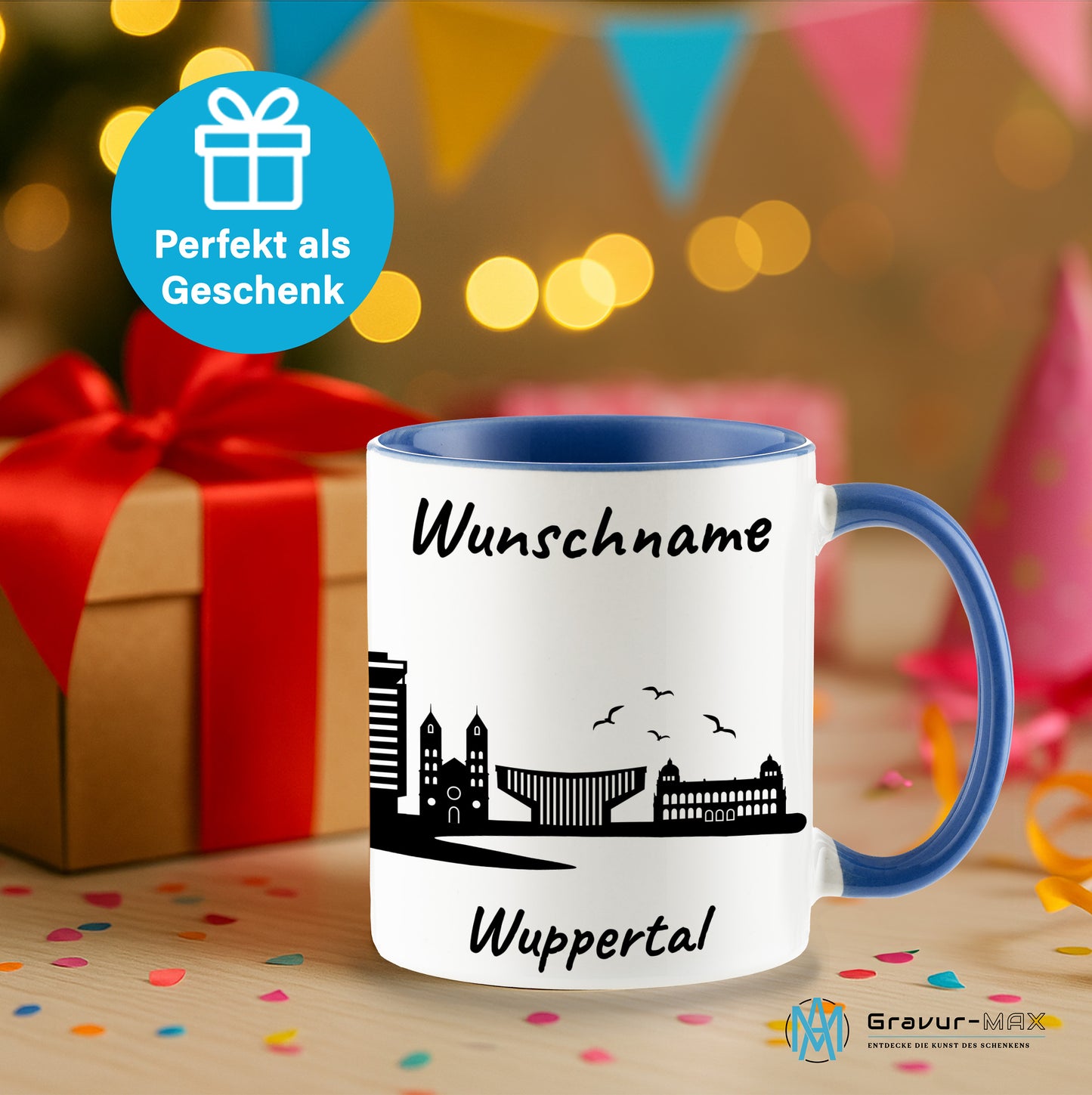 Tasse in Cambridge Blau 330ml bedruckt mit der Skyline von Wuppertal personalisierbar mit Wunschname