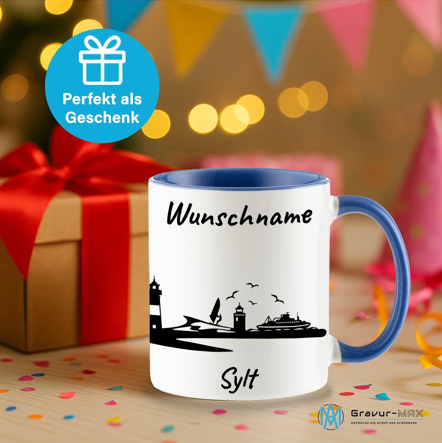 Tasse in Cambridge Blau 330ml bedruckt mit der Skyline von Sylt personalisierbar mit Wunschname