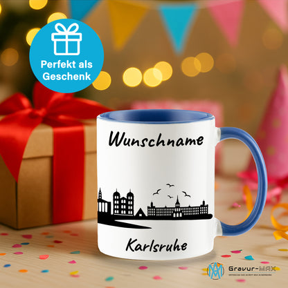 Tasse in Cambridge Blau 330ml bedruckt mit der Skyline von Karlsruhe personalisierbar mit Wunschname
