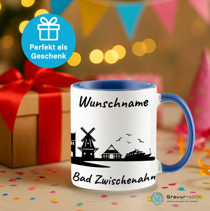 Tasse in Cambridge Blau 330ml bedruckt mit der Skyline von Bad Zwischenahn personalisierbar mit Wunschname