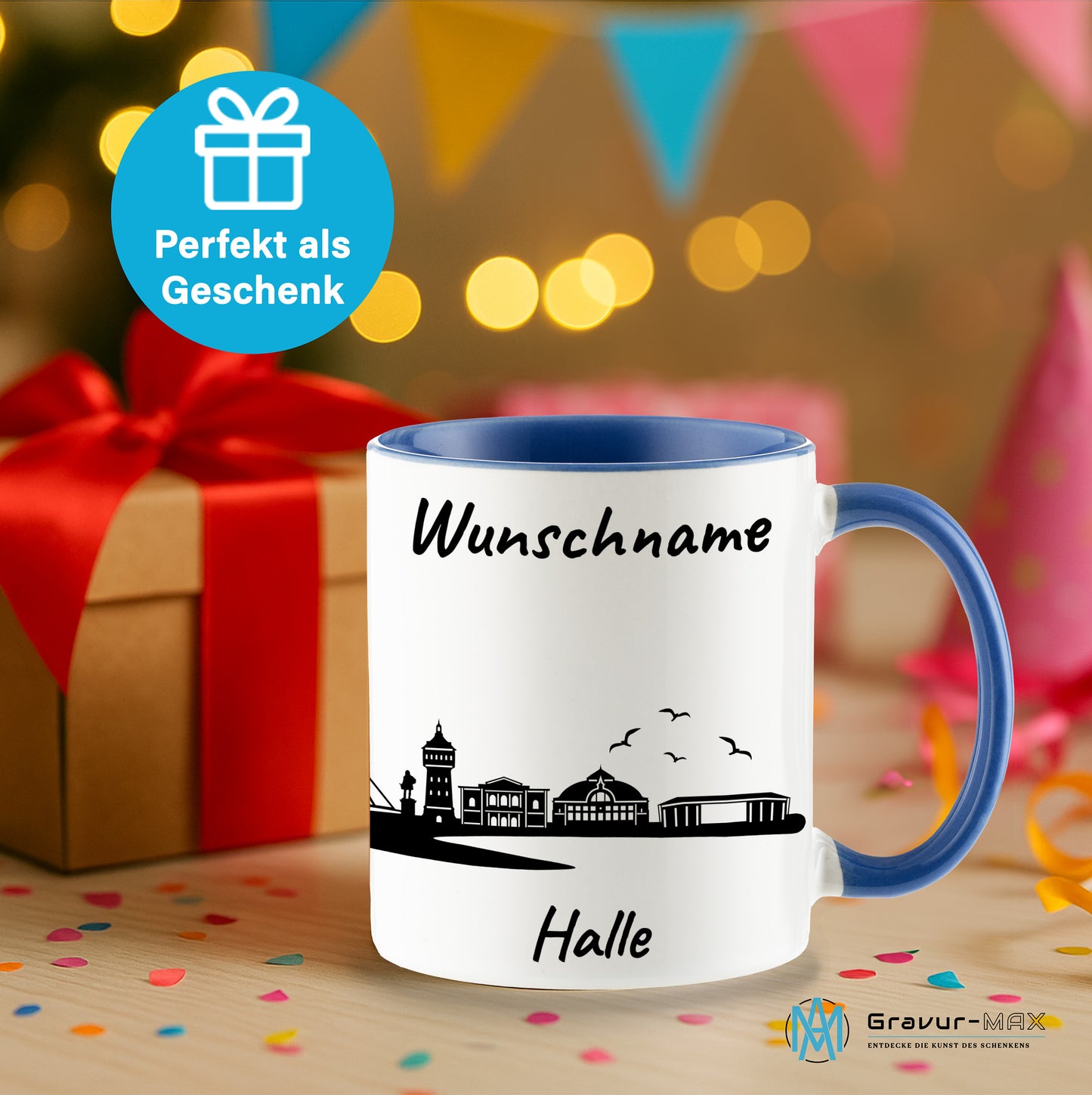 Tasse in Cambridge Blau 330ml bedruckt mit der Skyline von Halle personalisierbar mit Wunschname