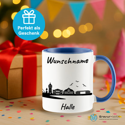 Tasse in Cambridge Blau 330ml bedruckt mit der Skyline von Halle personalisierbar mit Wunschname