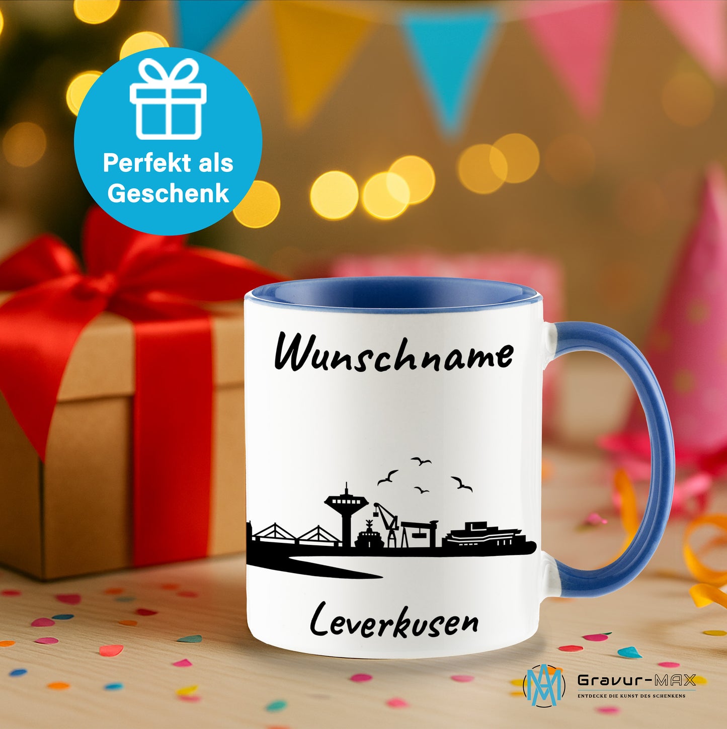 Tasse in Cambridge Blau 330ml bedruckt mit der Skyline von Leverkusen personalisierbar mit Wunschname