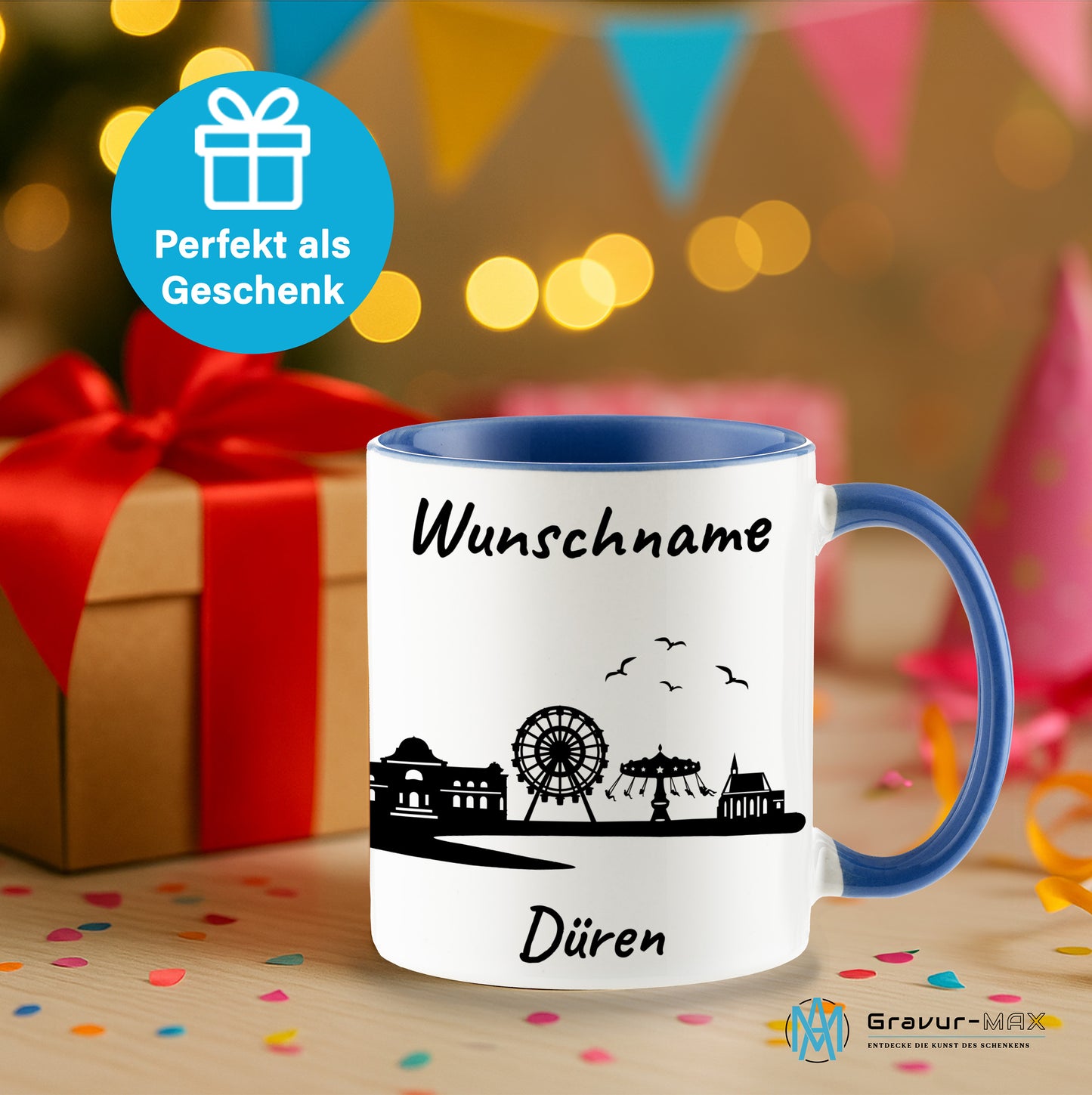 Tasse in Cambridge Blau 330ml bedruckt mit der Skyline von Düren personalisierbar mit Wunschname