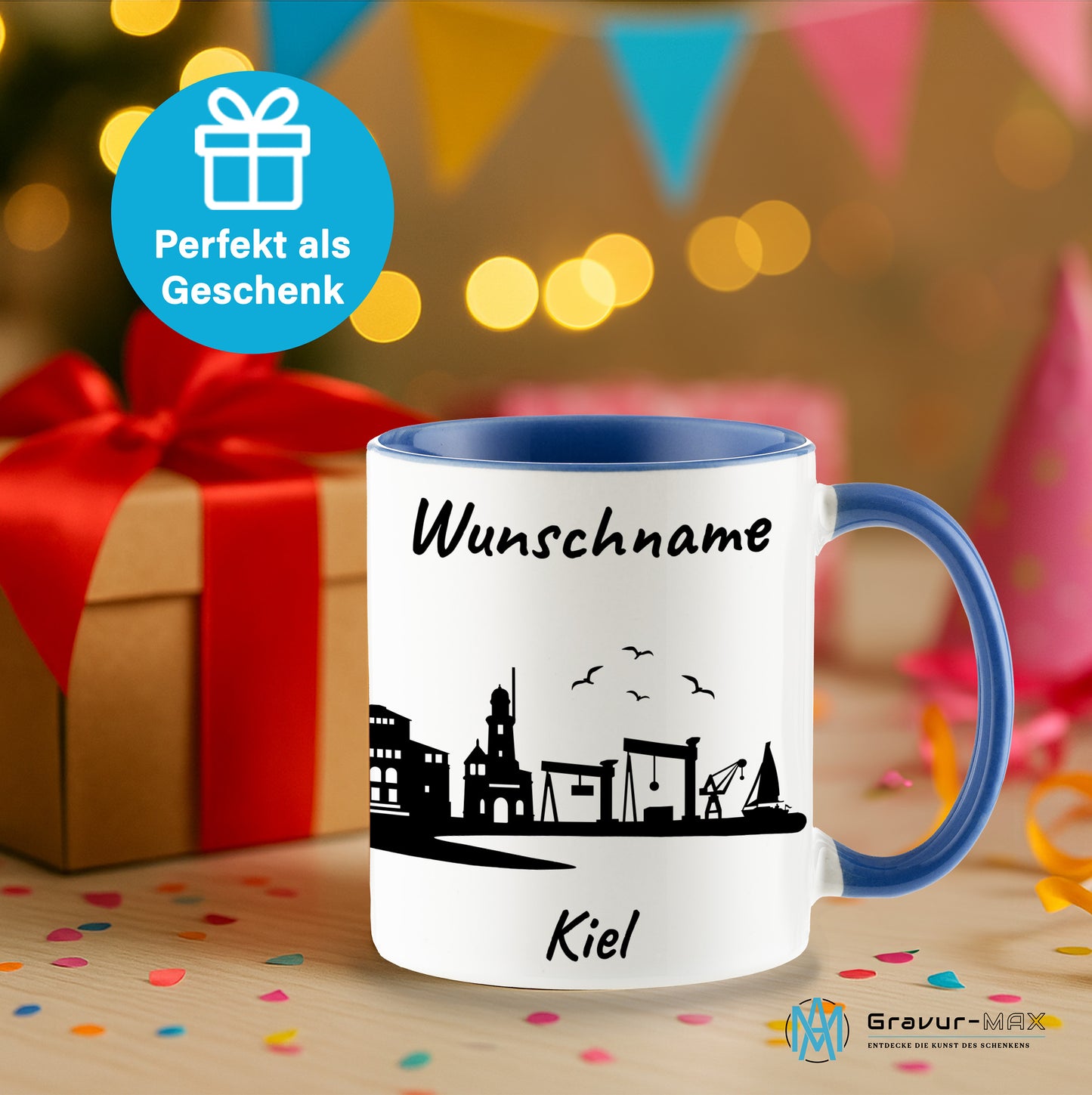 Tasse in Cambridge Blau 330ml bedruckt mit der Skyline von Kiel personalisierbar mit Wunschname