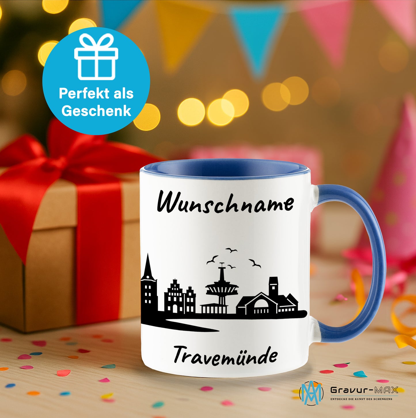 Tasse in Cambridge Blau 330ml bedruckt mit der Skyline von Travemünde personalisierbar mit Wunschname