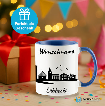 Tasse in Cambridge Blau 330ml bedruckt mit der Skyline von Lübbecke personalisierbar mit Wunschname