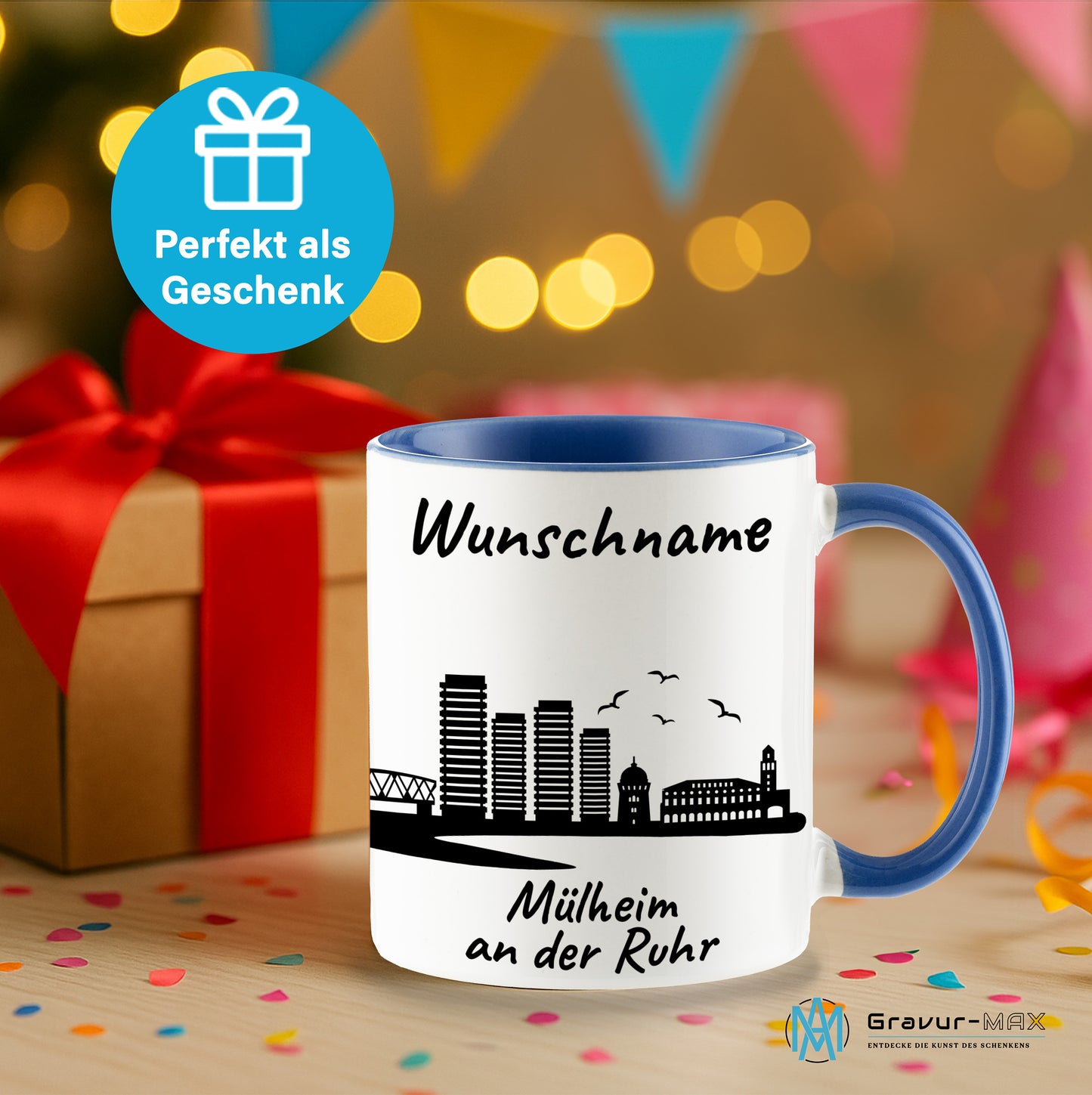 Tasse in Cambridge Blau 330ml bedruckt mit der Skyline von Mülheim an der Ruhr personalisierbar mit Wunschname