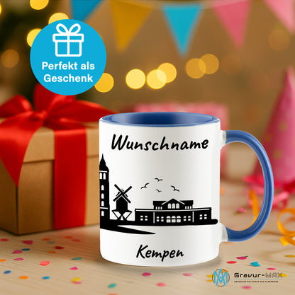 Tasse in Cambridge Blau 330ml bedruckt mit der Skyline von Kempen personalisierbar mit Wunschname