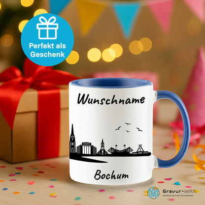 Tasse in Cambridge Blau 330ml bedruckt mit der Skyline von Bochum personalisierbar mit Wunschname