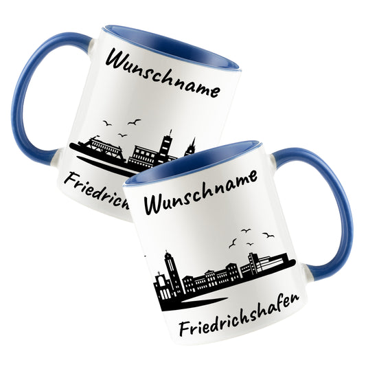 Tasse in Cambridge Blau 330ml bedruckt mit der Skyline von Friedrichshafen personalisierbar mit Wunschname
