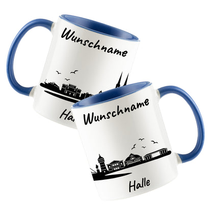 Tasse in Cambridge Blau 330ml bedruckt mit der Skyline von Halle personalisierbar mit Wunschname