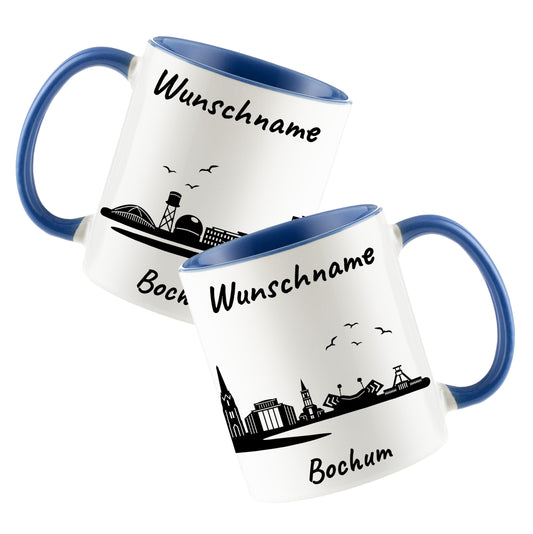 Tasse in Cambridge Blau 330ml bedruckt mit der Skyline von Bochum personalisierbar mit Wunschname