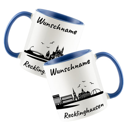 Tasse in Cambridge Blau 330ml bedruckt mit der Skyline von Recklinghausen personalisierbar mit Wunschname