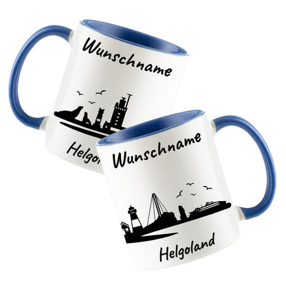 Tasse in Cambridge Blau 330ml bedruckt mit der Skyline von Helgoland personalisierbar mit Wunschname