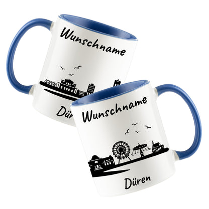 Tasse in Cambridge Blau 330ml bedruckt mit der Skyline von Düren personalisierbar mit Wunschname