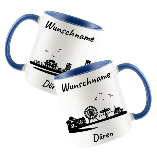 Tasse in Cambridge Blau 330ml bedruckt mit der Skyline von Düren personalisierbar mit Wunschname